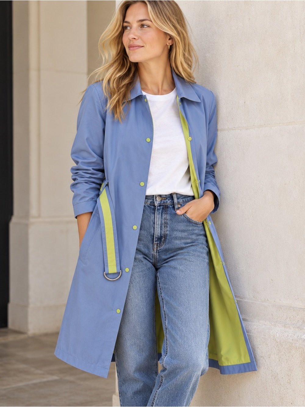 Nine West 90s Y2K Blue Rain Trench Coat Lime Green Trim Belted Size L Coastal